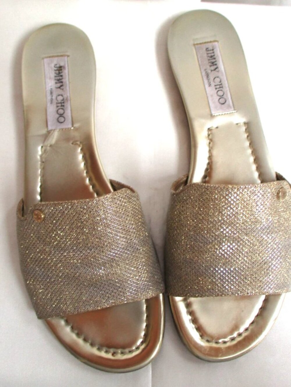 Jimmy Choo Nanda Size 39.5 - US 9.5 Lame Glitter Gold Spain Slip On Flat Sandal